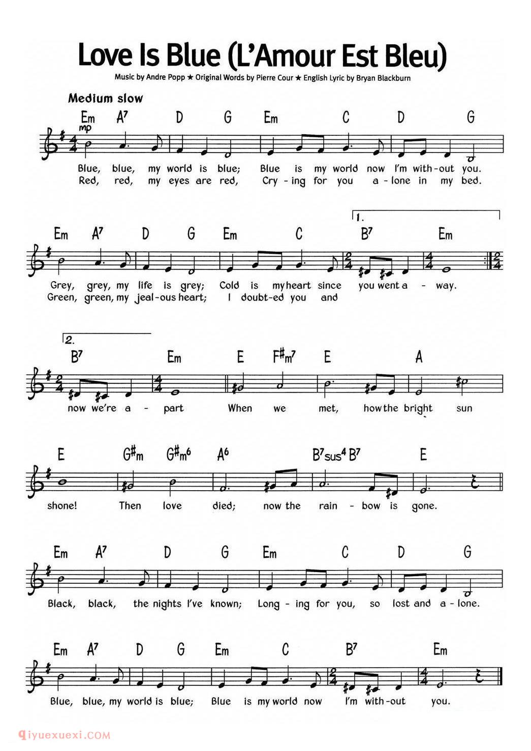 Love Is Blue_L'Amour Est Bleu_蓝调音乐 | 五线谱
