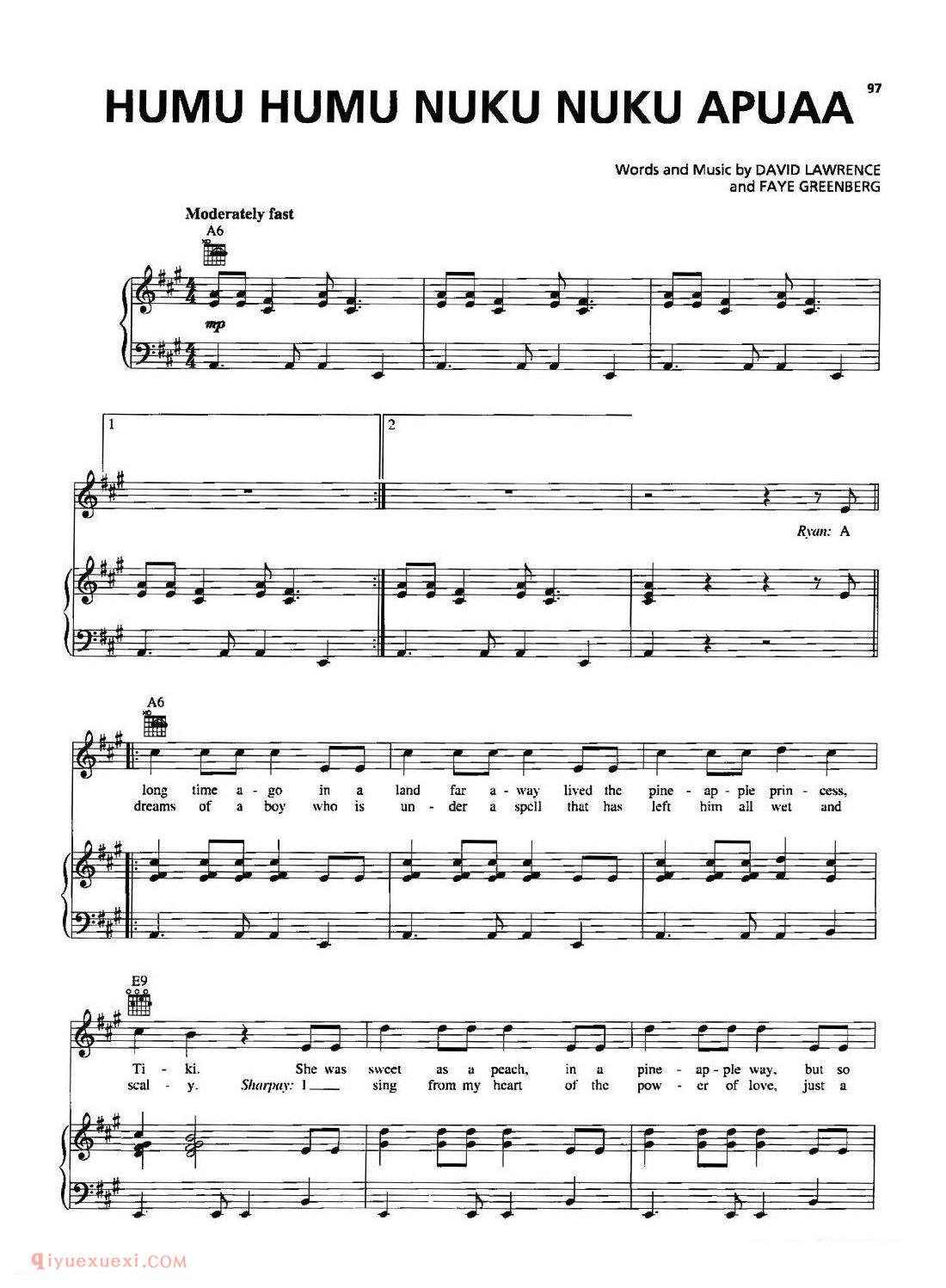 美国 | Humu Humu Nuku Nuku Apuaa | 五线谱