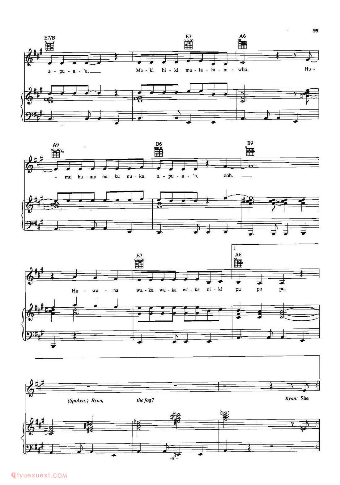 美国 | Humu Humu Nuku Nuku Apuaa | 五线谱