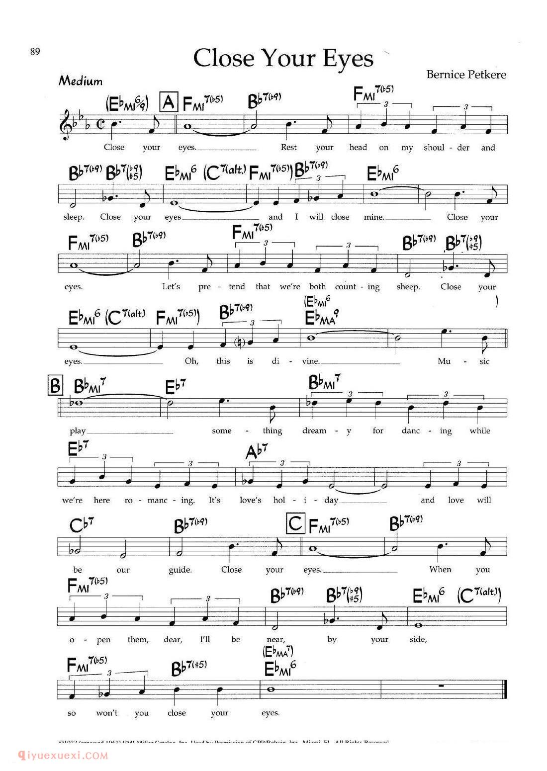 Close Your Eyes 带和弦五线谱