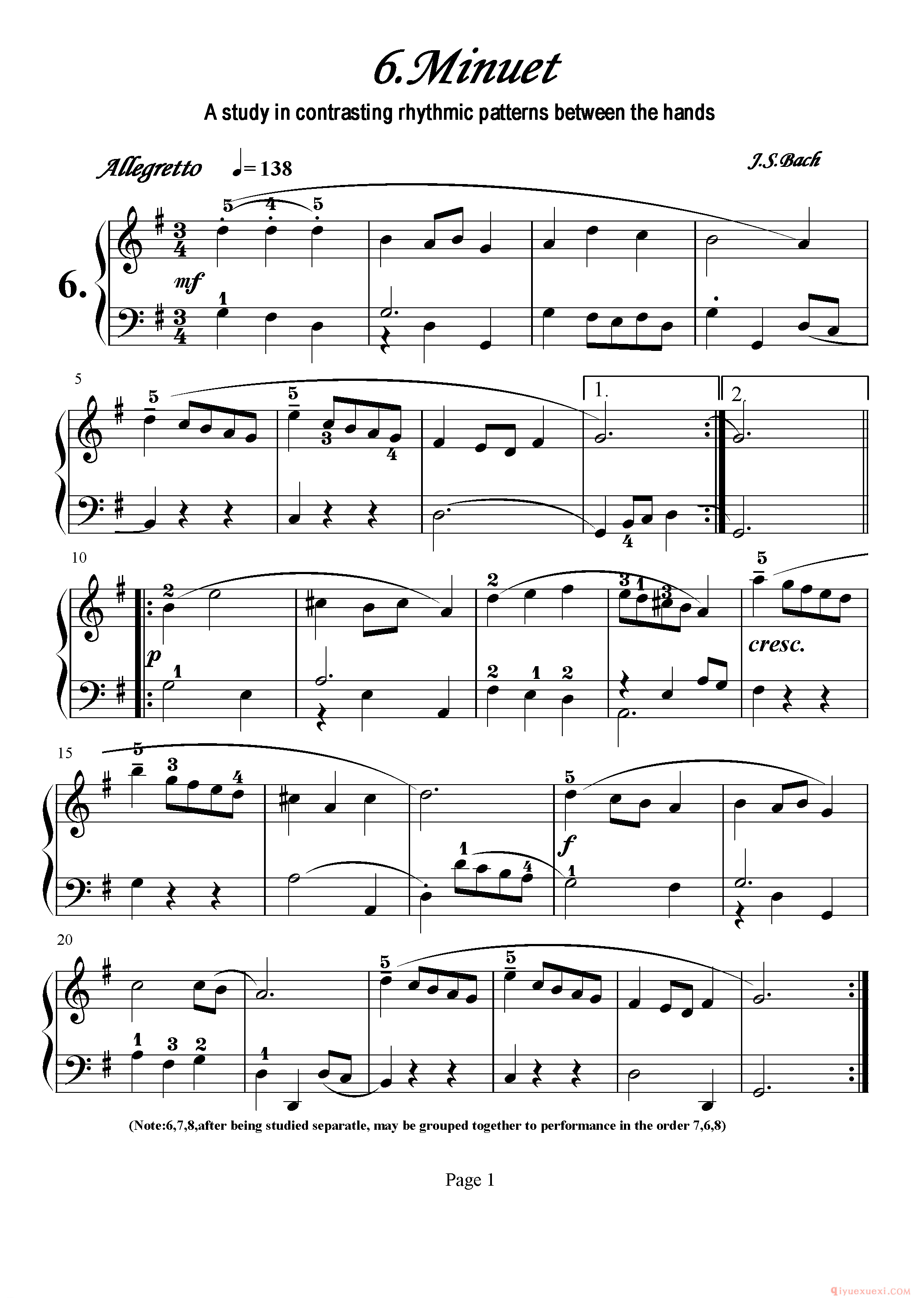 初级钢琴乐曲谱《小步舞曲 Minuet》巴赫,A study in contrasting rhythmic patterns between the hands.