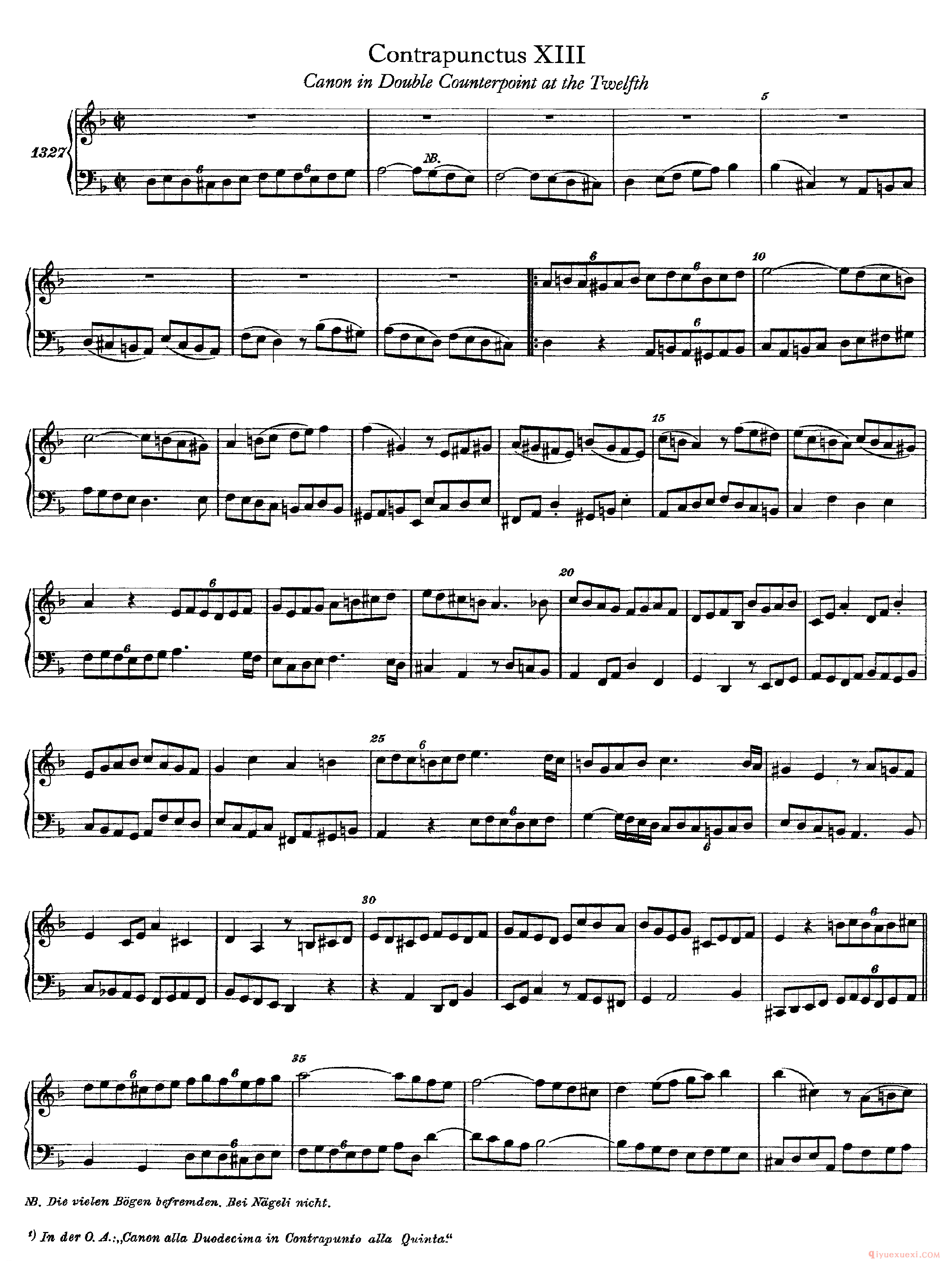 巴赫赋格第十三首《The Art of the Fugue - BWV1080 - Contrapunctus XIII》高清五线谱