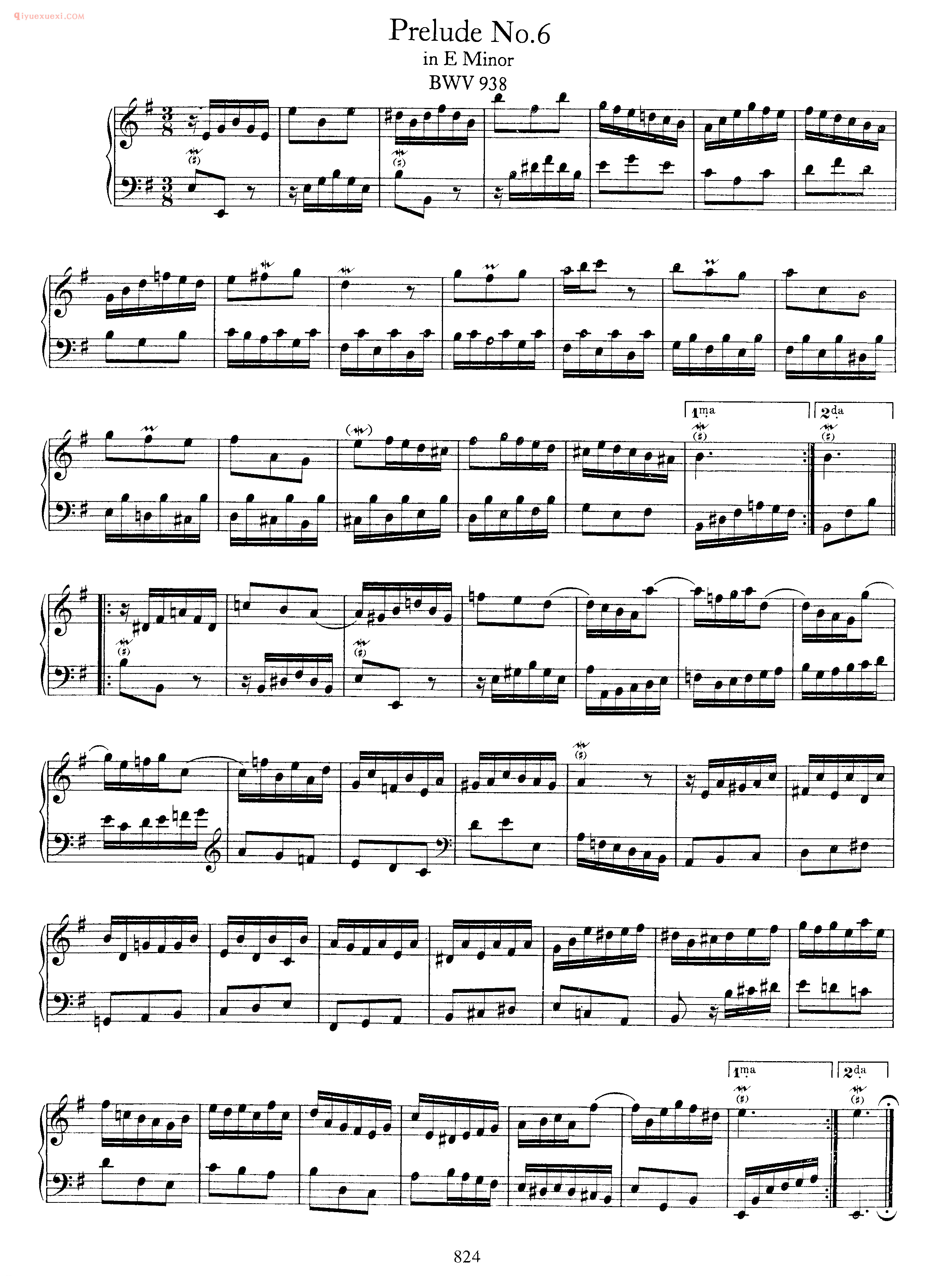 巴赫E小调前奏曲《Prelude No.6 in E Minor BWV 938》巴赫钢琴乐谱