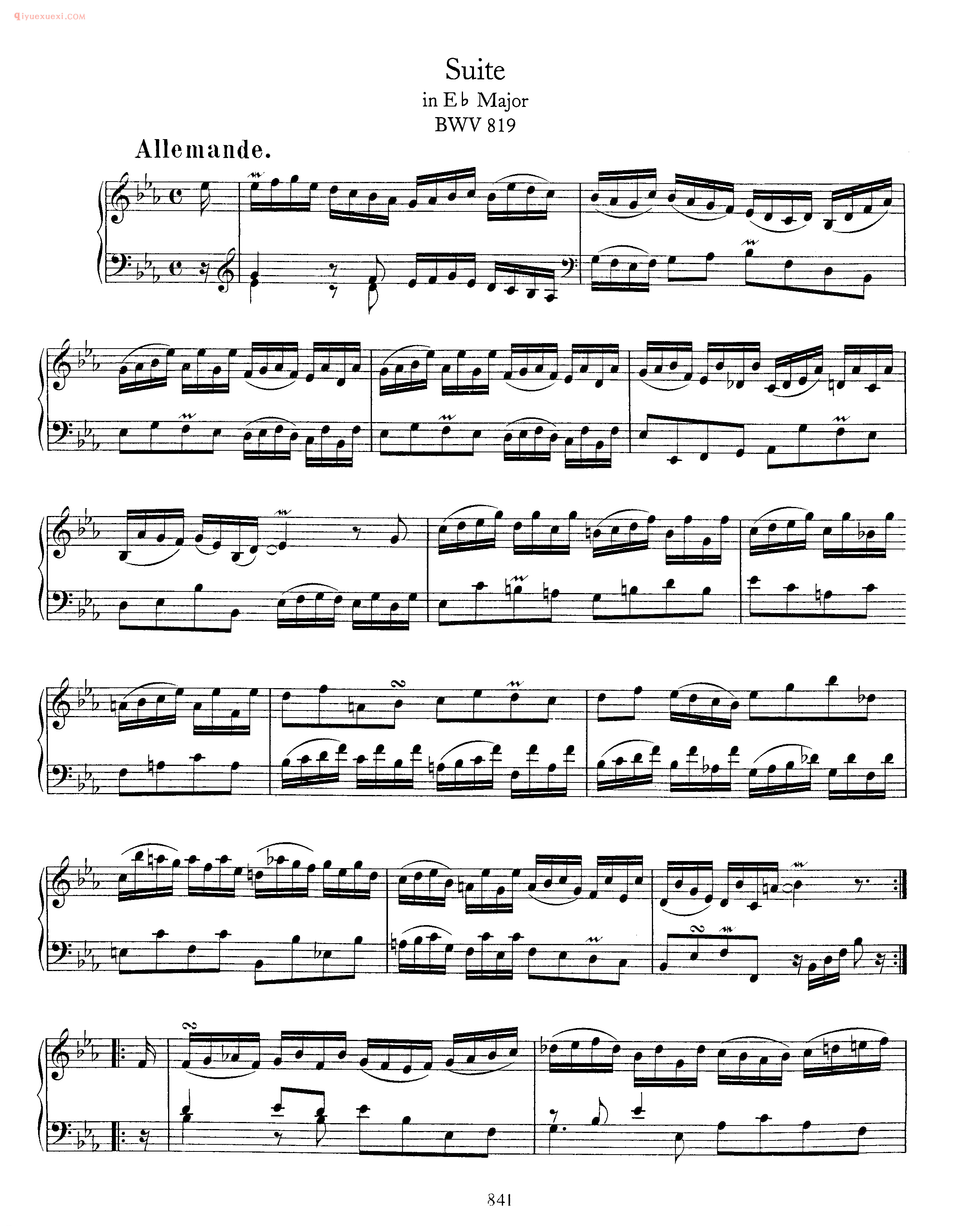 巴赫降E大调组曲《Suite_in Eb Major BWV 819》巴赫钢琴作品