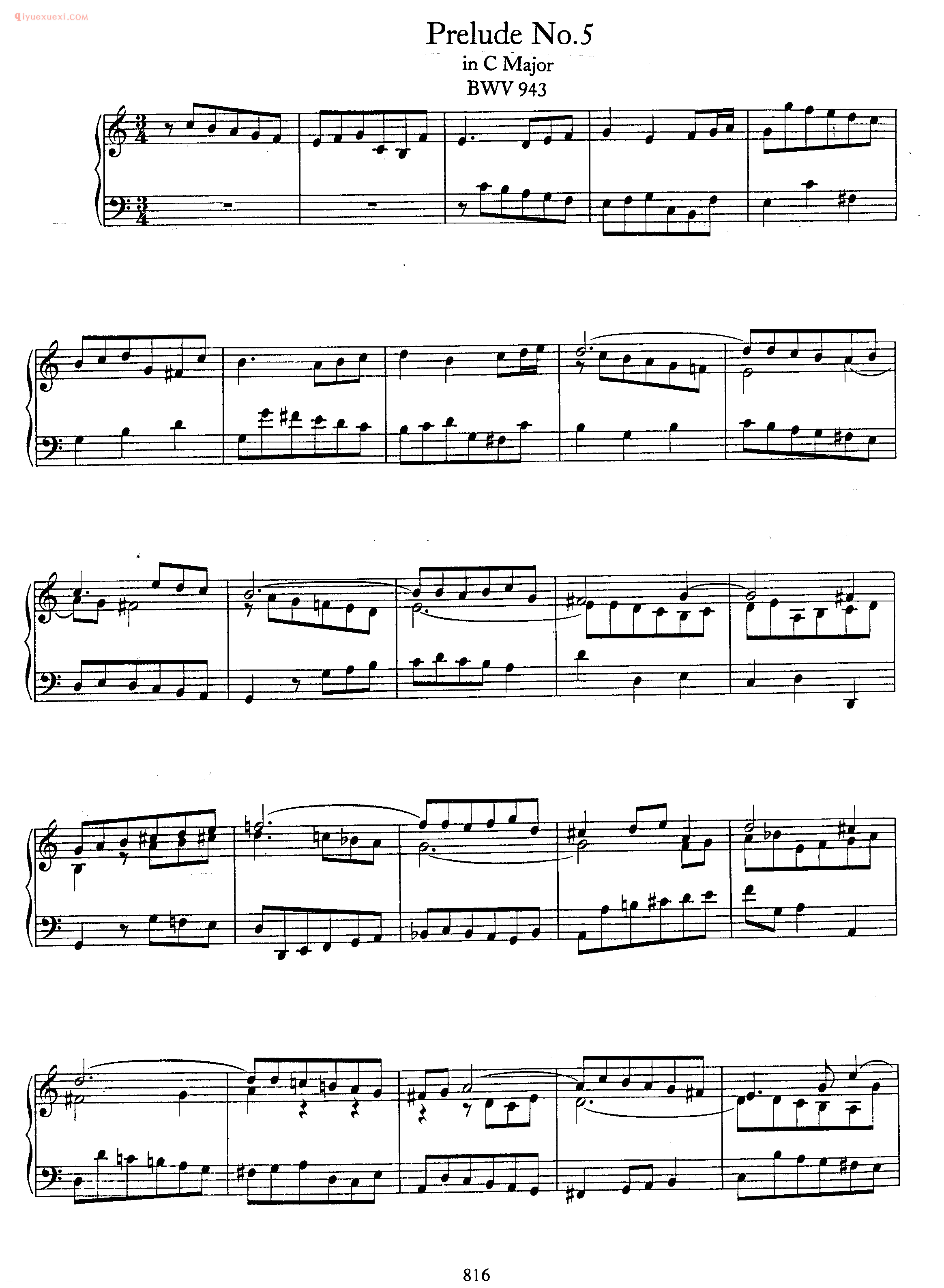 巴赫C大调前奏曲《Preludes No.5 in C Major BWV 943》巴赫钢琴乐谱