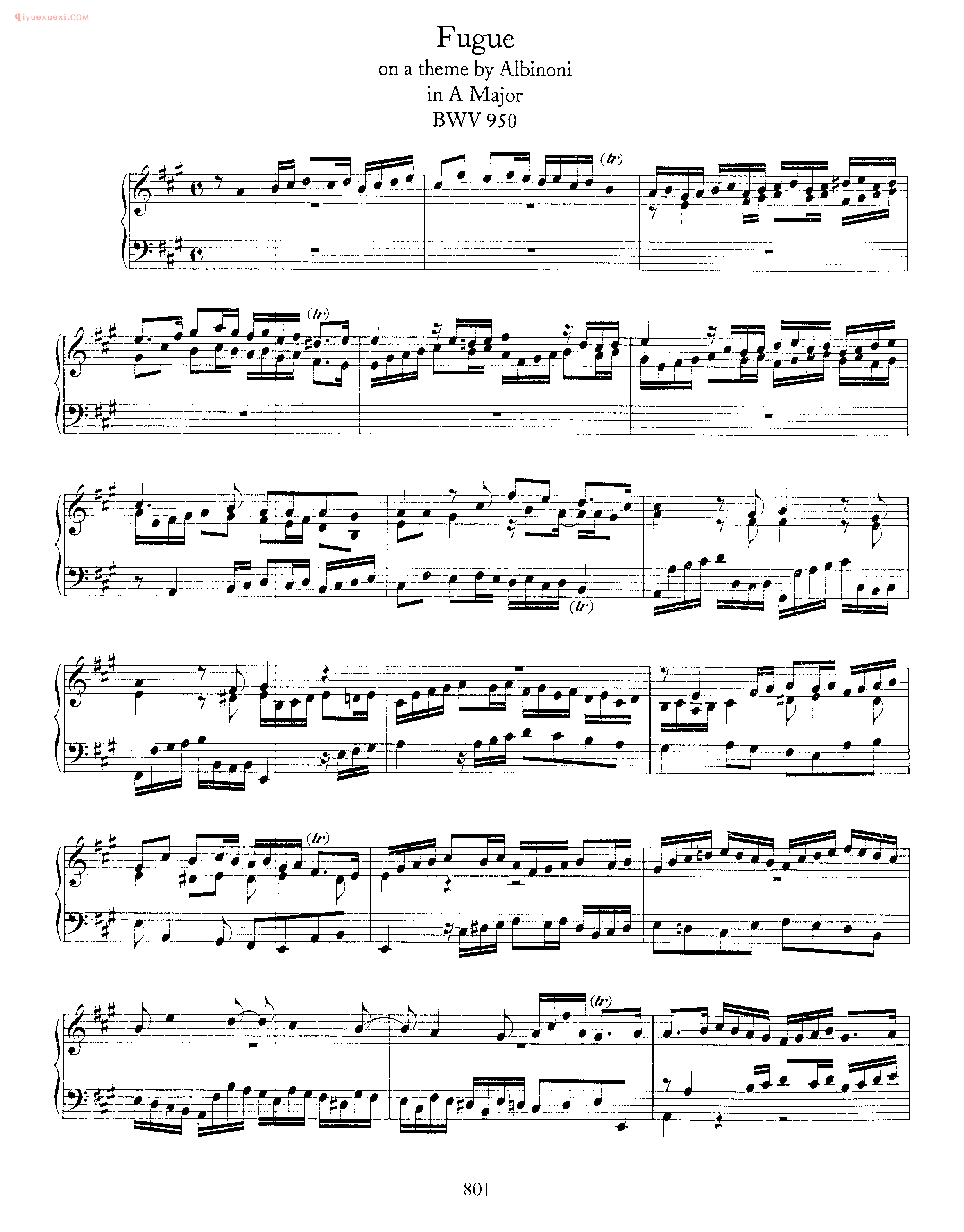 巴赫A大调赋格曲《Fugue_on a theme by albinoni_in A Major_BWV 950》巴赫钢琴作品