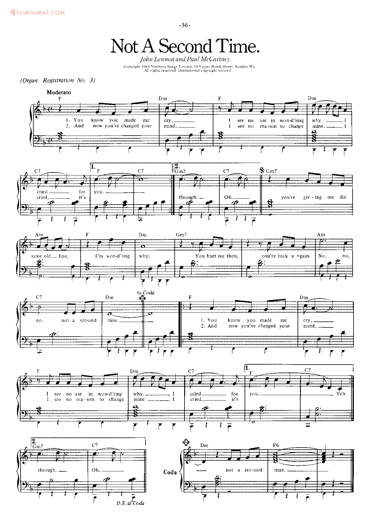 披头士/甲壳虫乐队钢琴乐曲谱《Not A Second Time》英国摇滚乐队