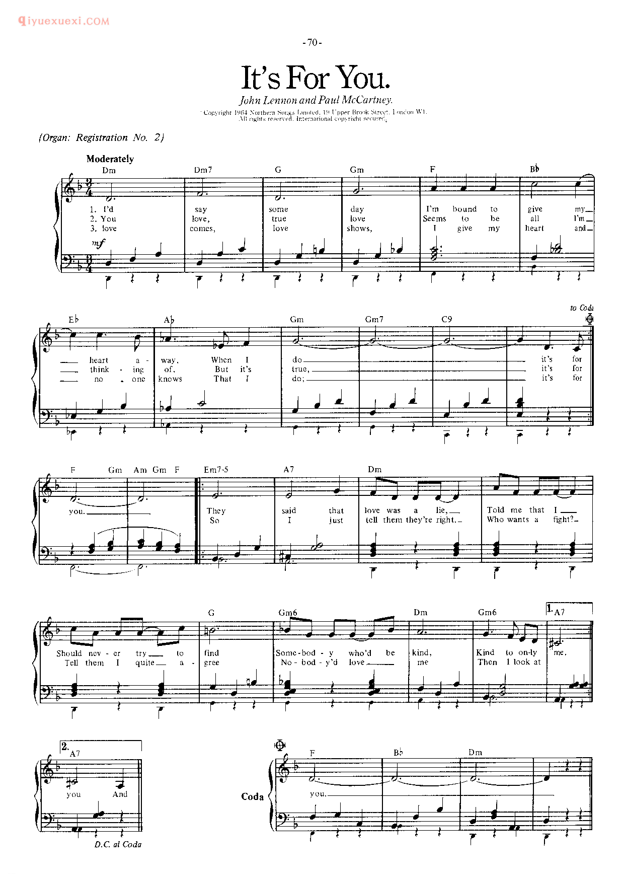 披头士/甲壳虫乐队钢琴乐曲谱《It's For You 》英国摇滚乐队