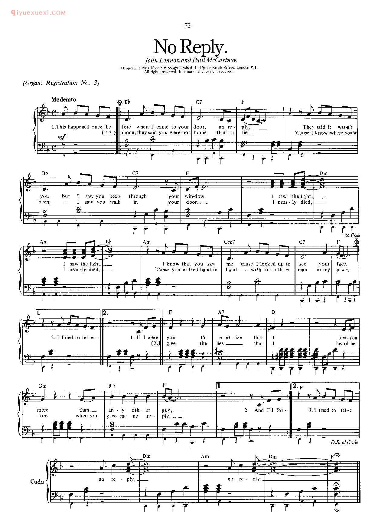 披头士/甲壳虫乐队钢琴乐曲谱《No Replay》英国摇滚乐队