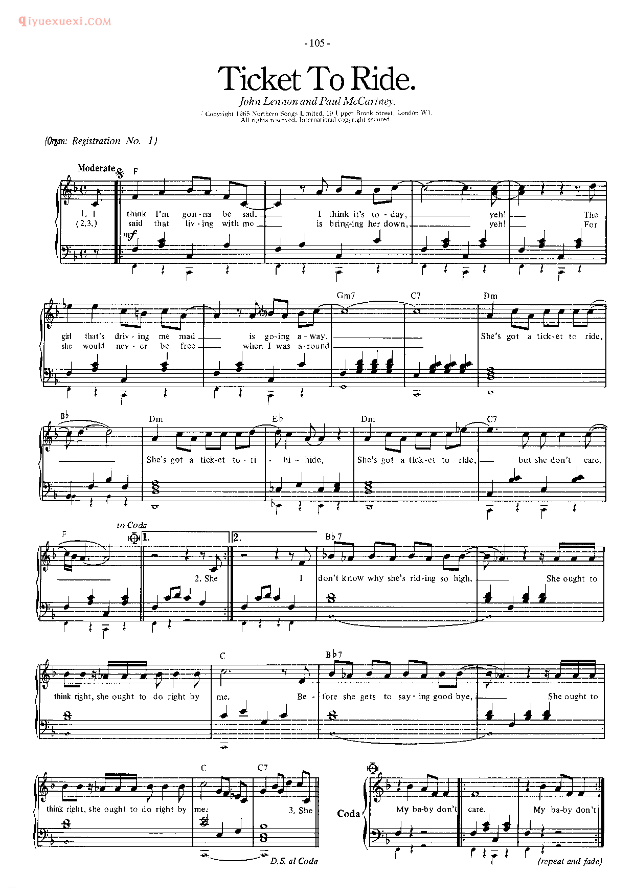 披头士/甲壳虫乐队钢琴乐曲谱《Ticket To Ride》英国摇滚乐队