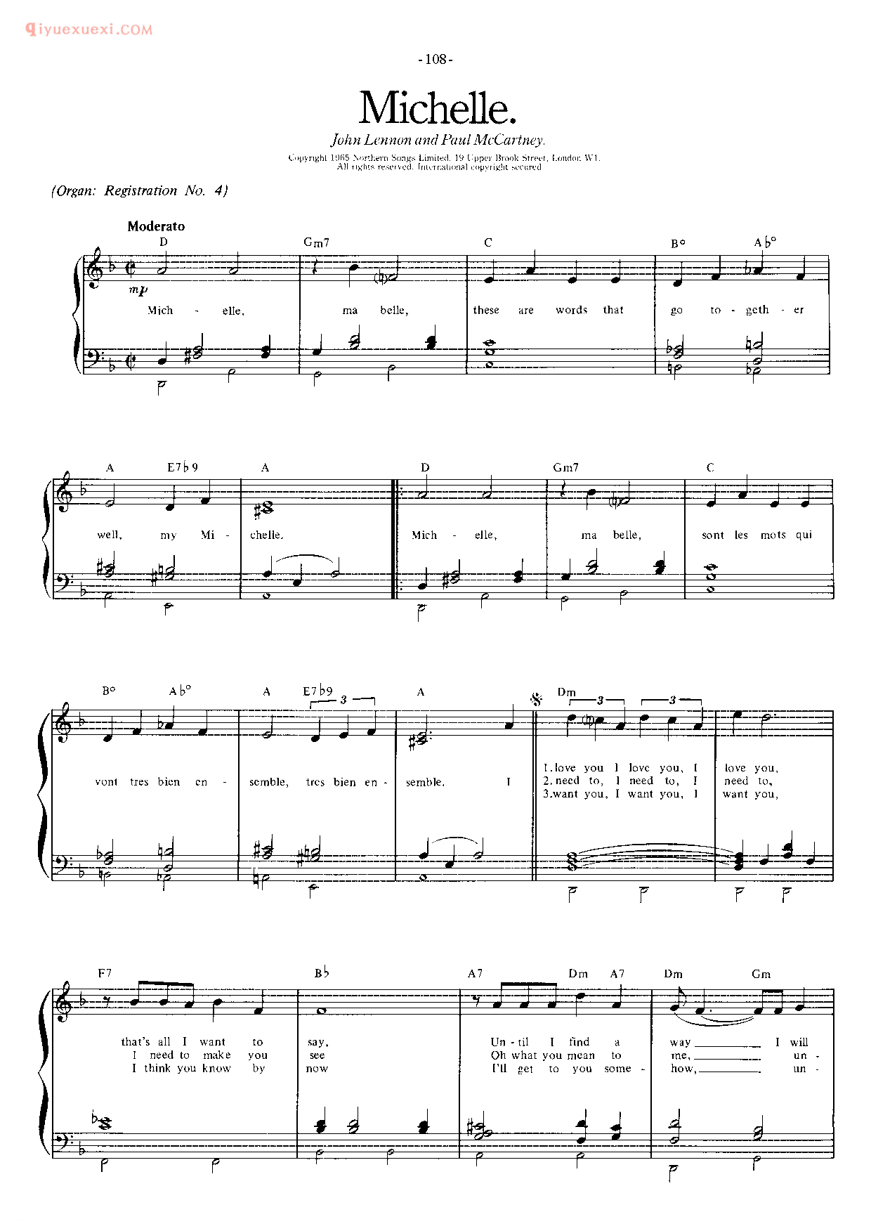 披头士/甲壳虫乐队钢琴乐曲谱《Michelle》英国摇滚乐队