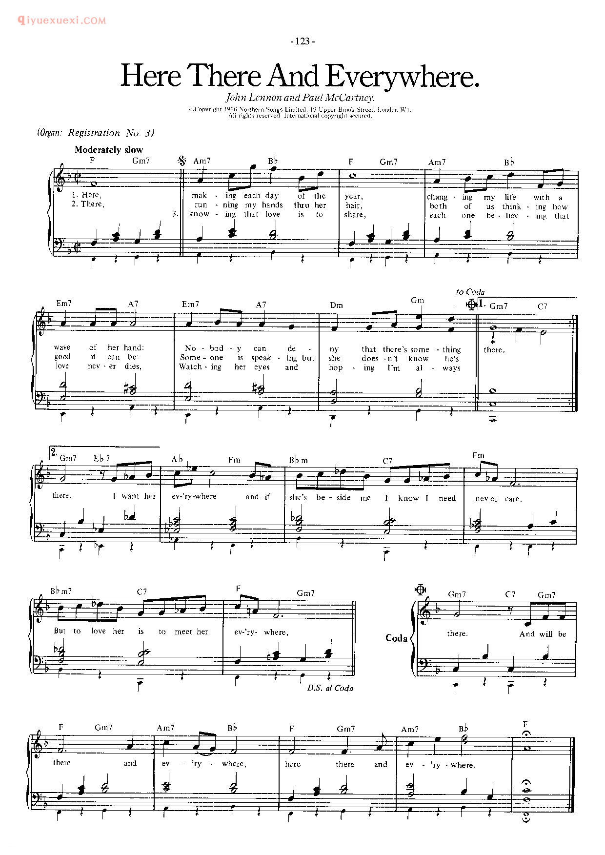 披头士/甲壳虫乐队钢琴乐曲谱《Here There And Everywhere》英国摇滚乐队