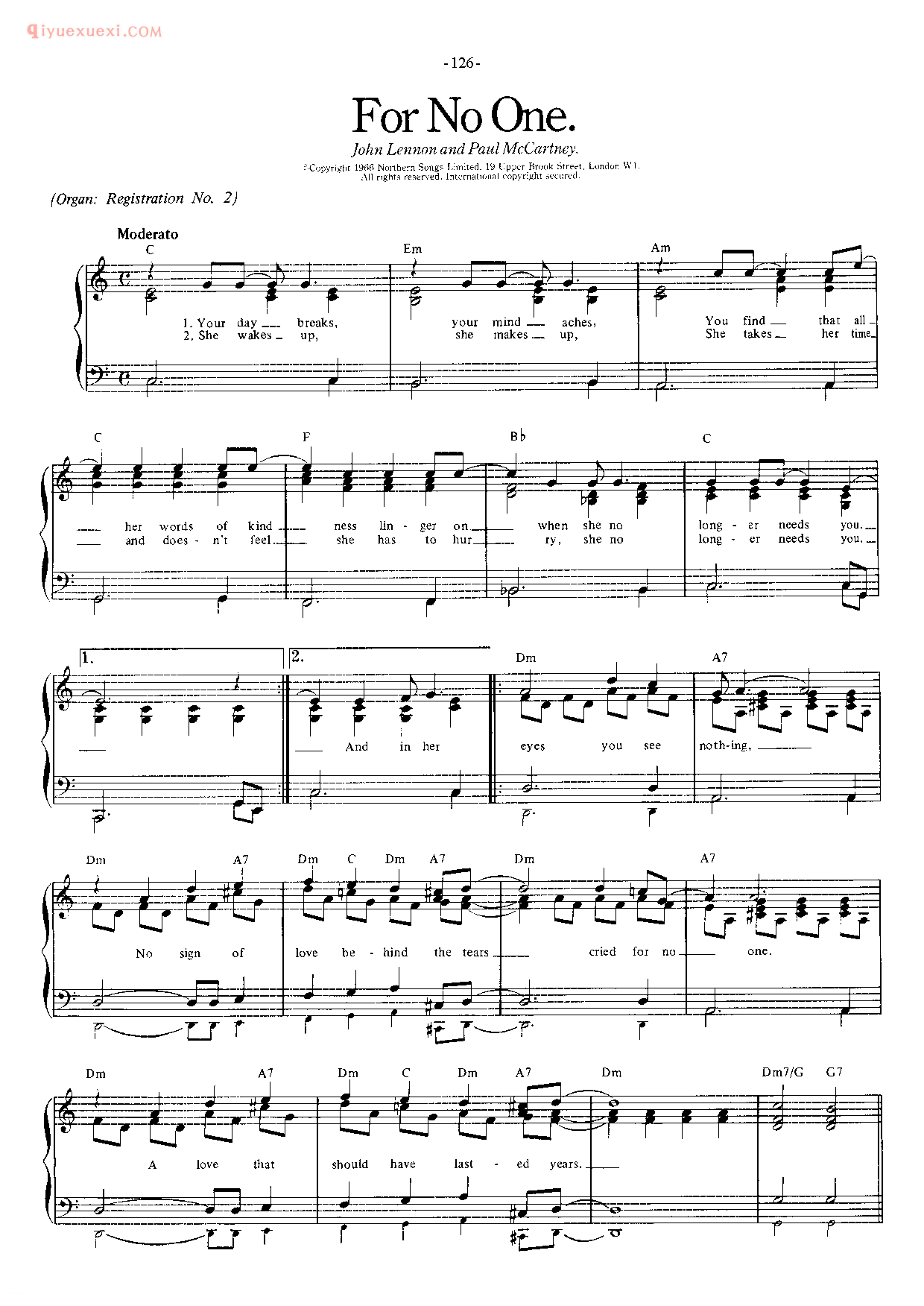 披头士/甲壳虫乐队钢琴乐曲谱《For No One》英国摇滚乐队