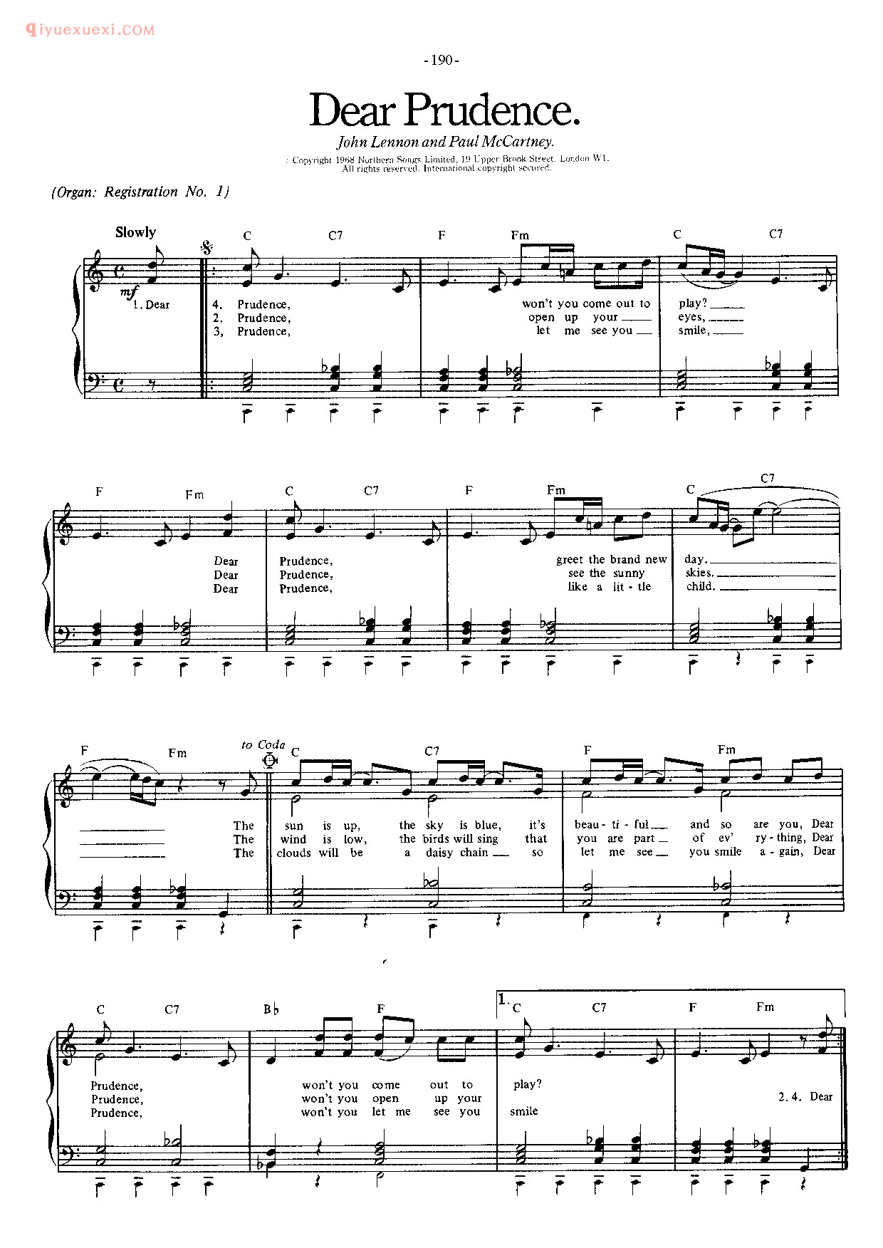 披头士/甲壳虫乐队钢琴乐曲谱《Dear Prudenc》英国摇滚乐队