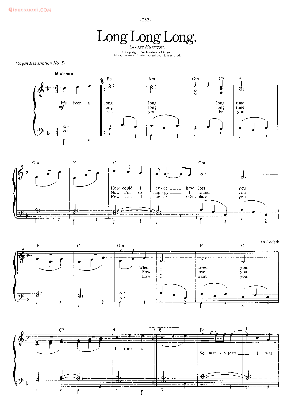 披头士/甲壳虫乐队钢琴乐曲谱《Long Long Long》英国摇滚乐队
