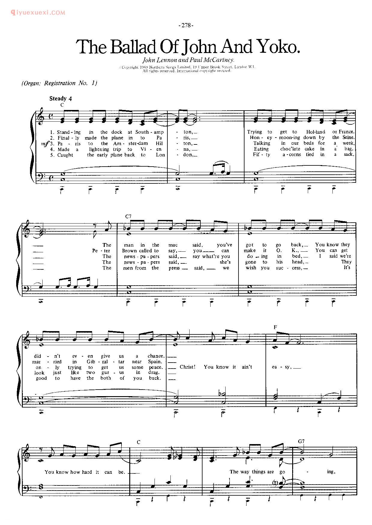 披头士/甲壳虫乐队钢琴乐曲谱《The Ballad Of John And YOKo》英国摇滚乐队