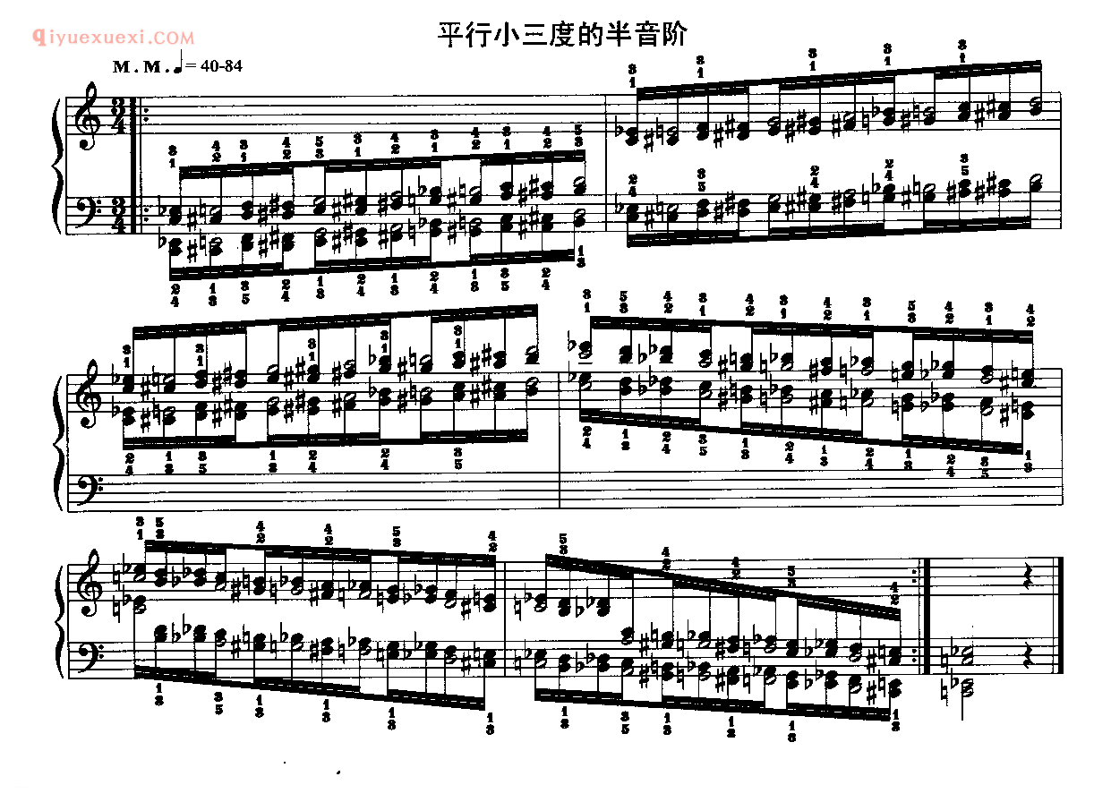 哈农钢琴练指法:平行小三度的半音阶
