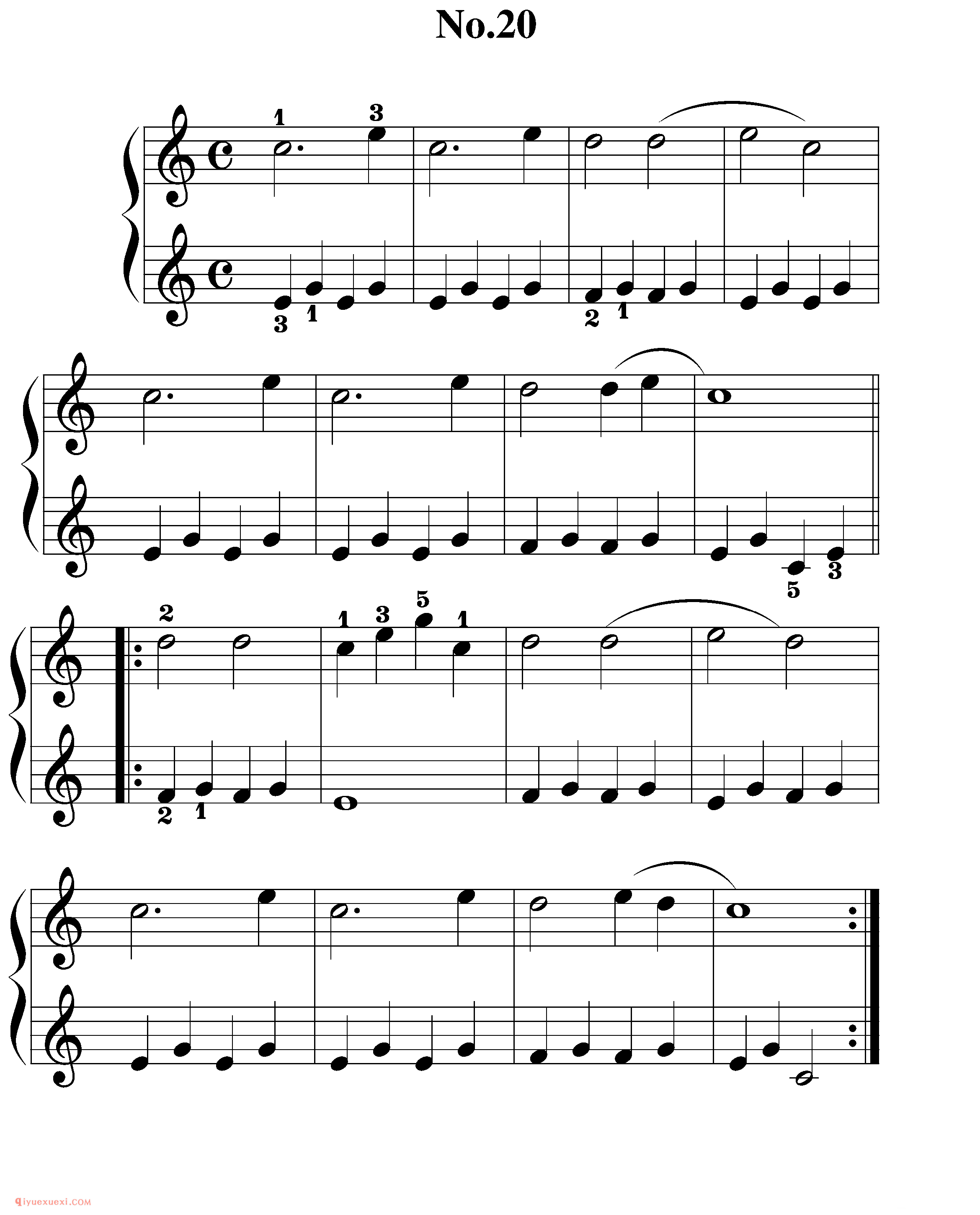 拜厄钢琴练习曲NO.20_拜尔(拜厄)钢琴基本教程练习曲第20首_五线谱