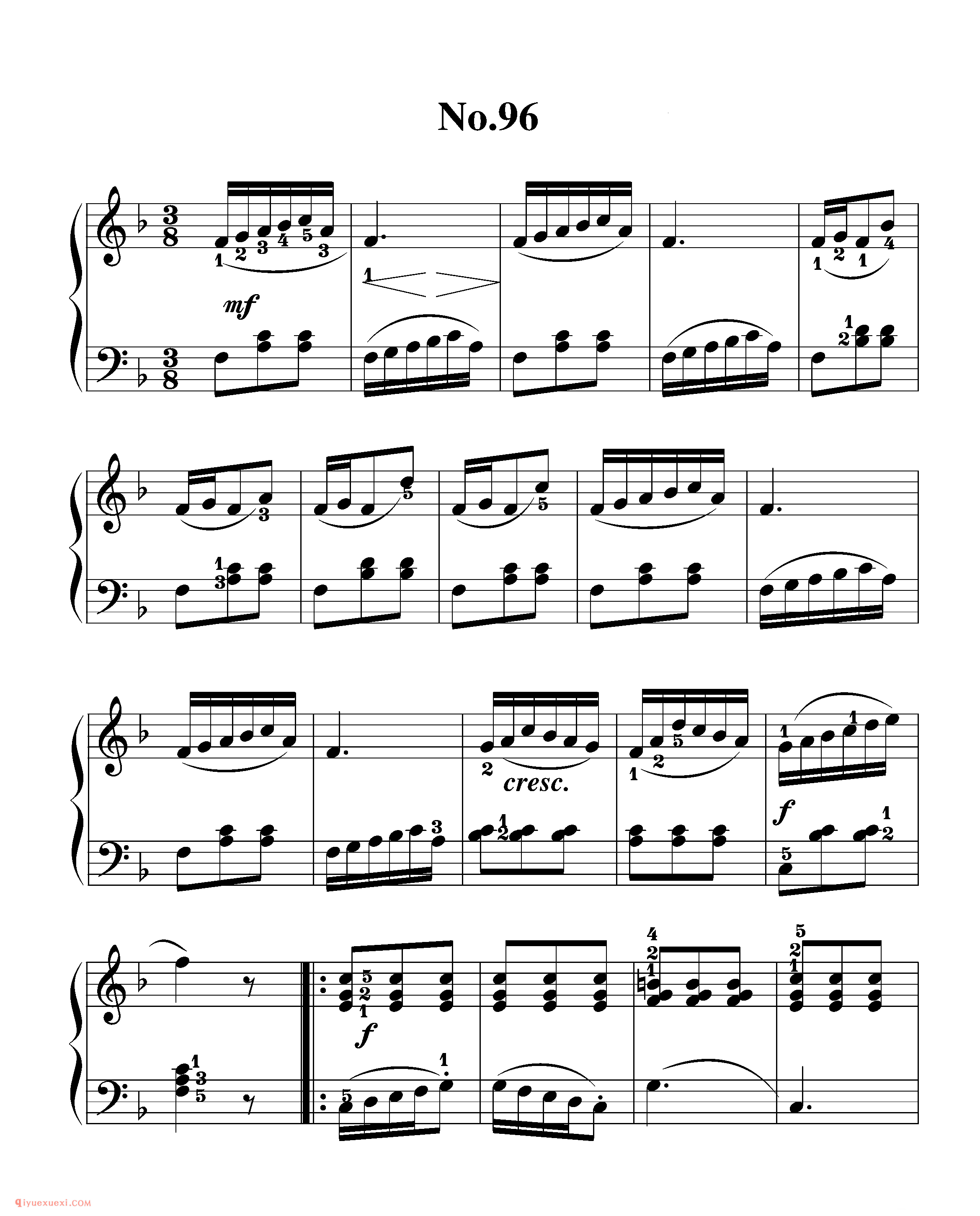 拜厄钢琴练习曲NO.96_拜尔(拜厄)钢琴基本教程练习曲第96首_五线谱