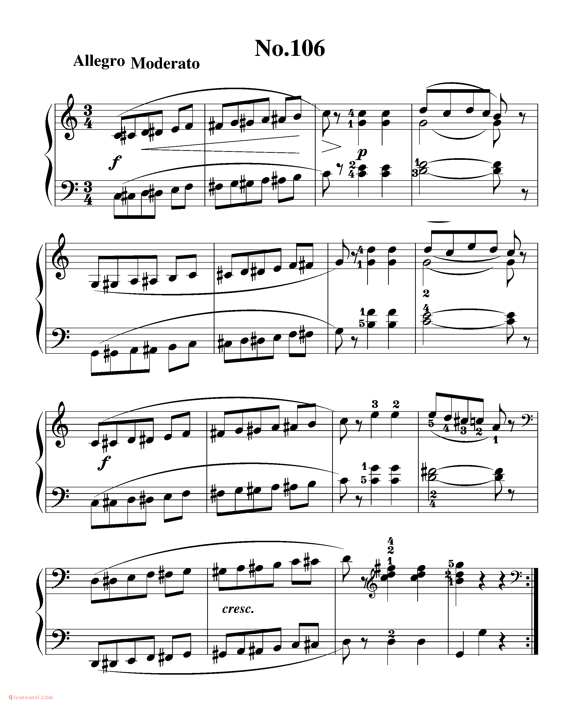 拜厄钢琴练习曲NO.106_拜尔(拜厄)钢琴基本教程练习曲第106首_五线谱