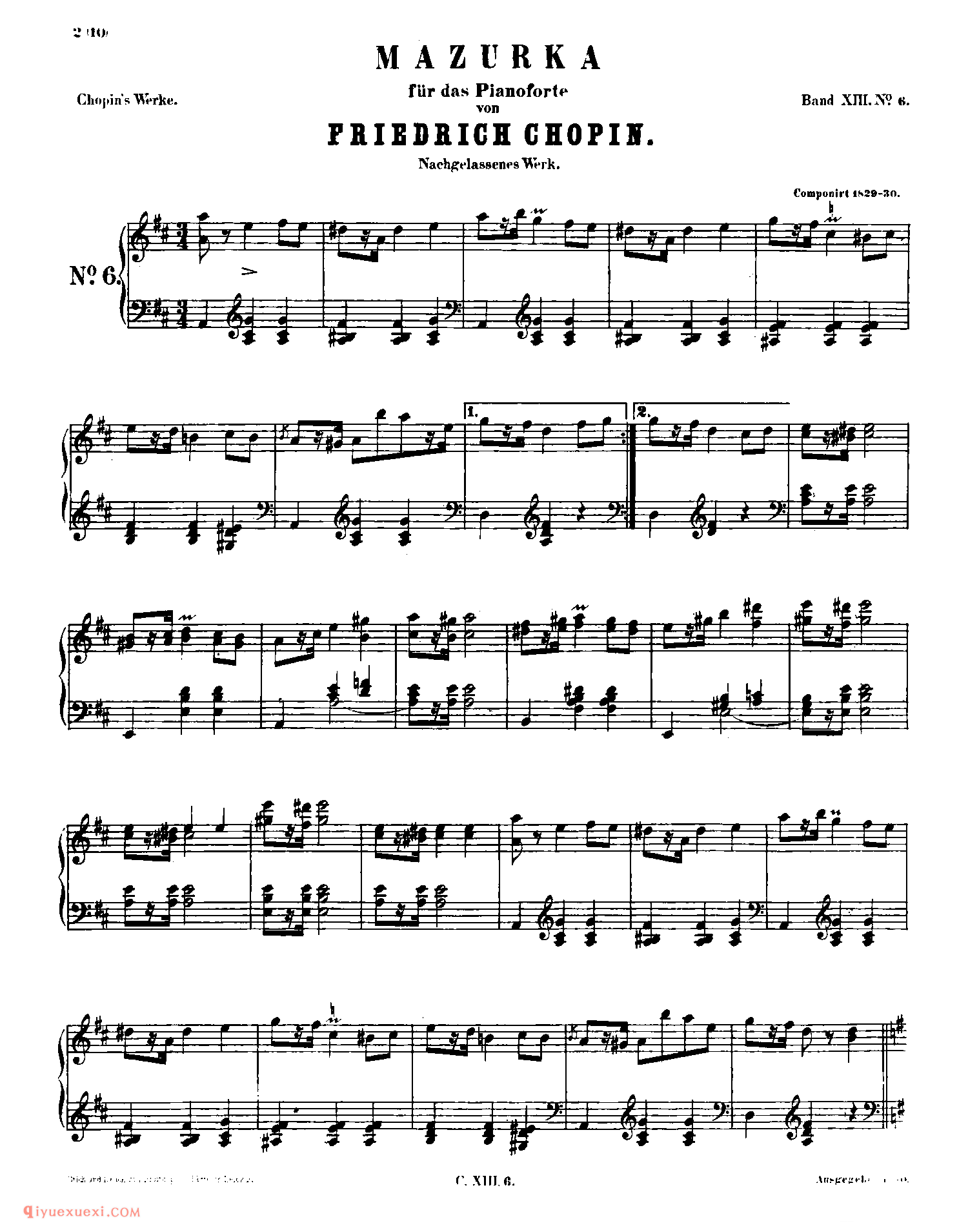 Mazurka In D Major (1820)_玛祖卡遗作(未编号)_肖邦钢琴谱