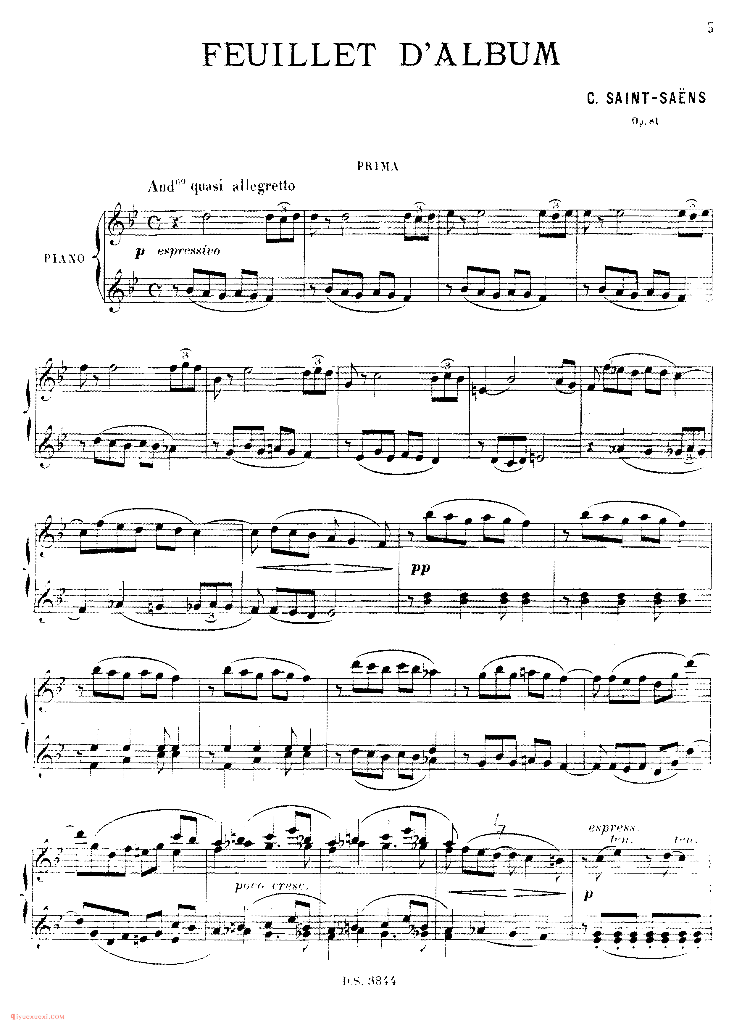 纪念册一页 Saint-Saens - Feuillet d Album Op.81 - 4 hands_圣桑钢琴谱