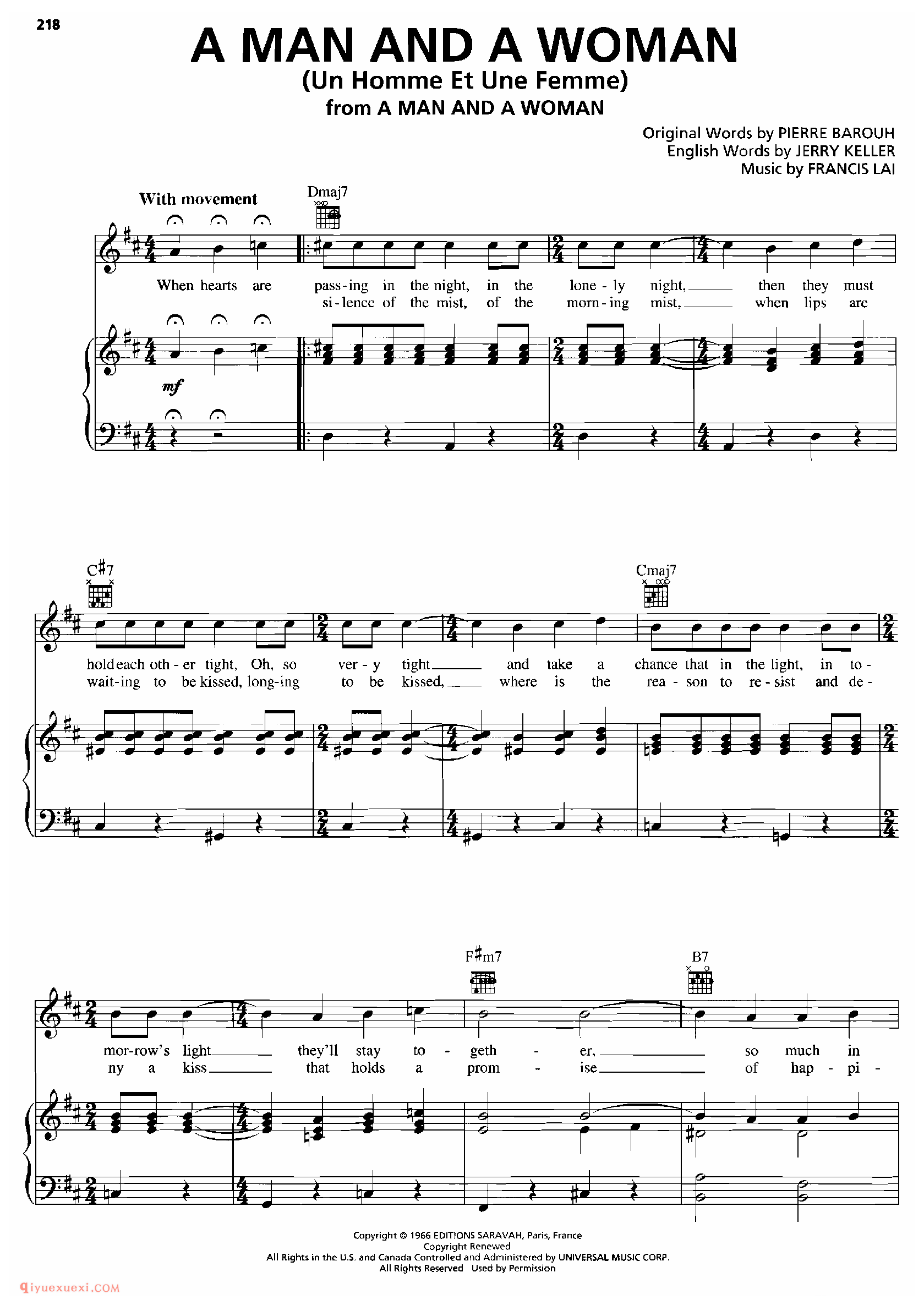 A MAN AND A WOMAN_钢琴•声乐•吉他_世界经典影视乐曲谱
