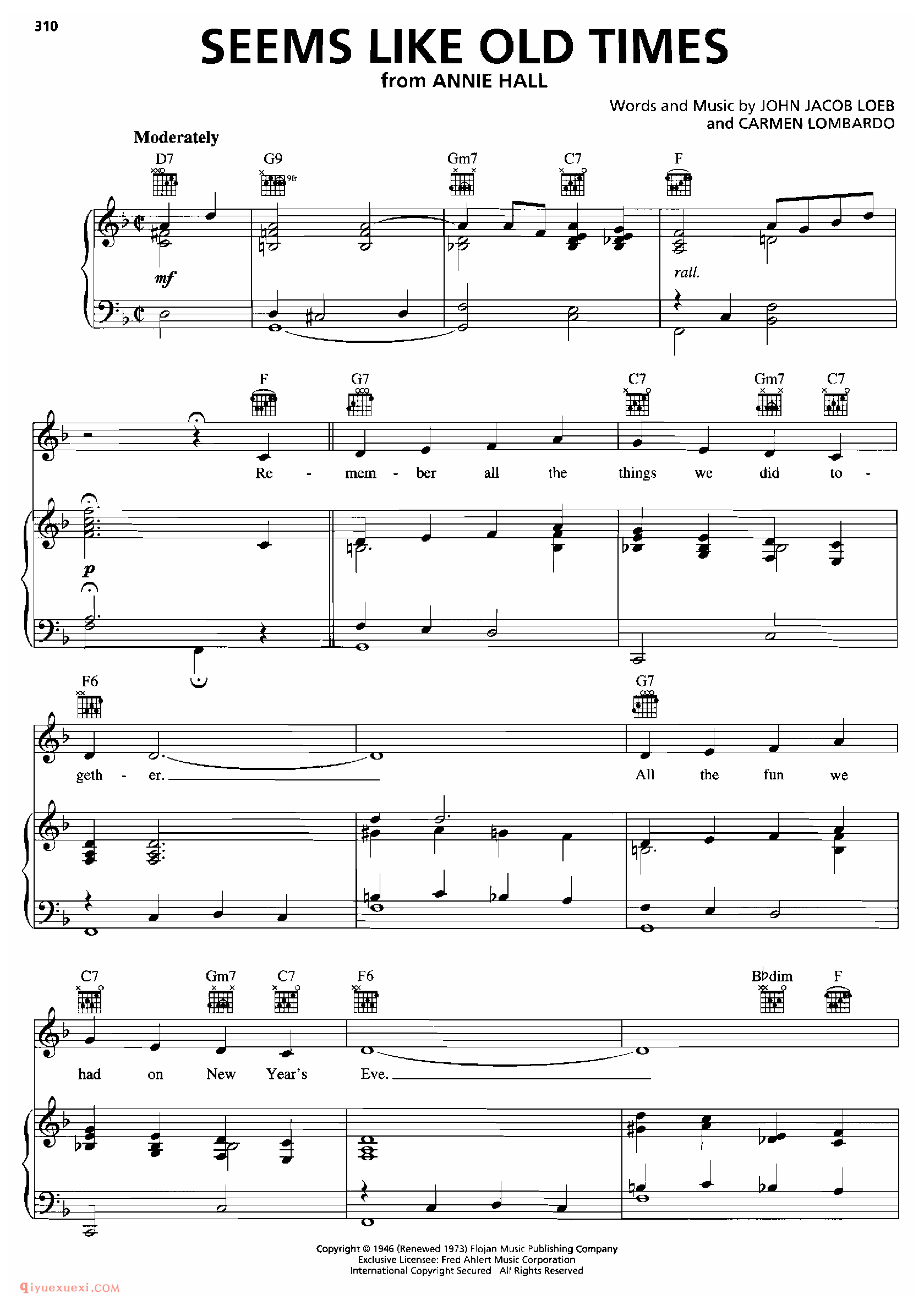 SEEMS LIKE OLD TIMES_钢琴•声乐•吉他_世界经典影视乐曲谱
