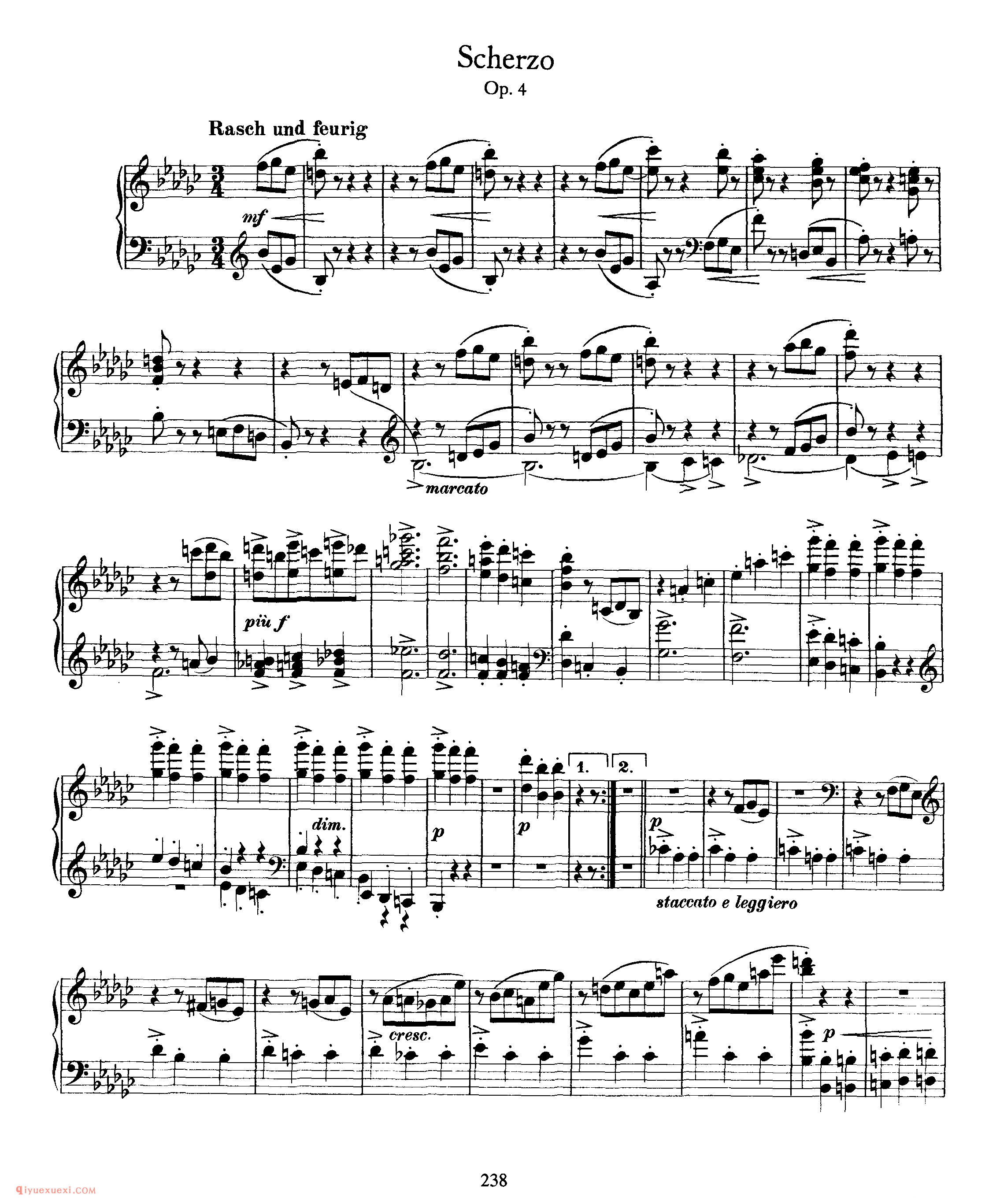 勃拉姆斯《谐谑曲》作品4_ Scherzo Op.4_约翰内斯·勃拉姆斯钢琴乐谱