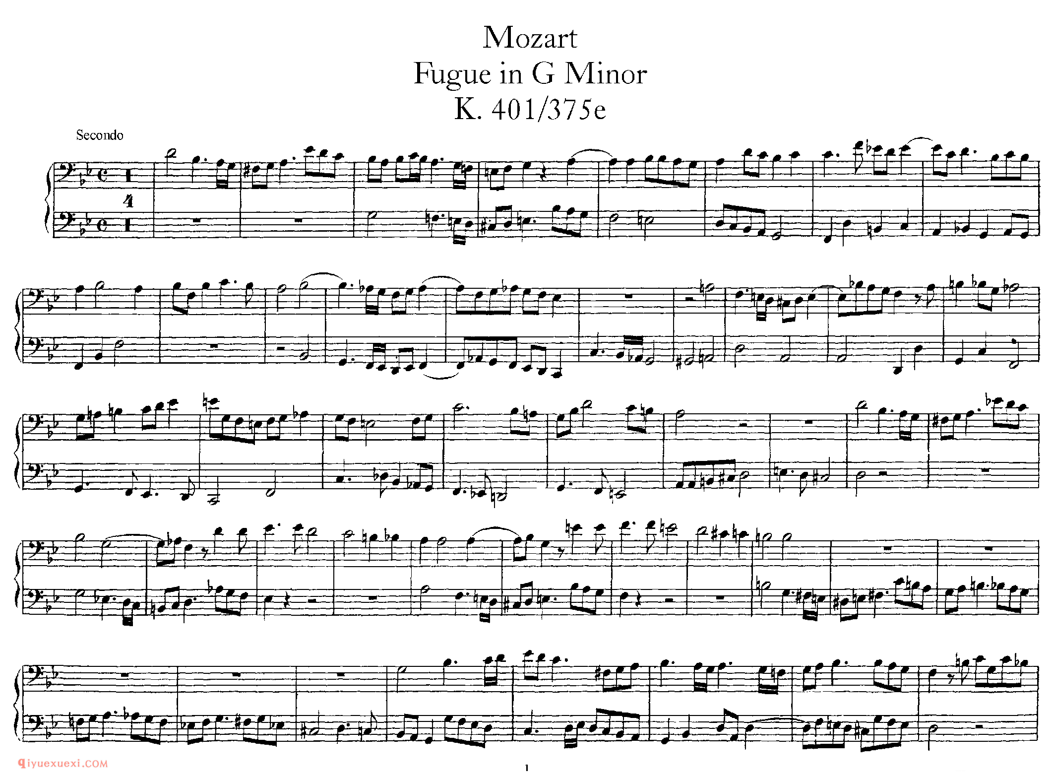 Fugue in g, K 401 (4 Hands)_四手联弹_莫扎特钢琴谱