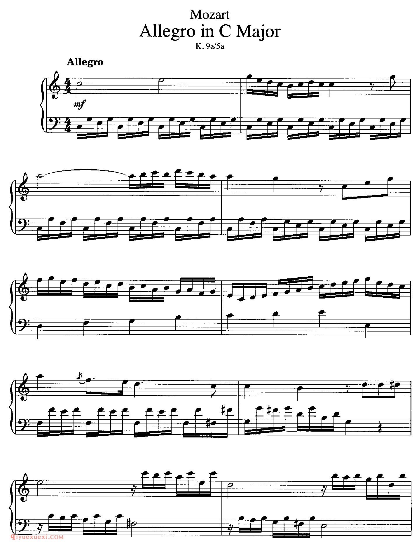 Allegro in C, K 9a_莫扎特钢琴谱