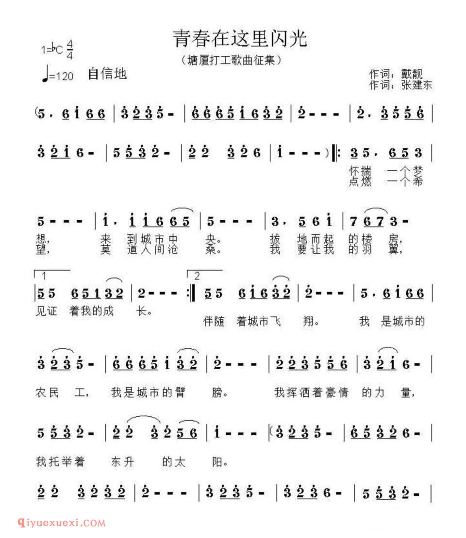 青春在这里闪光(戴靓词 张建东曲)简谱
