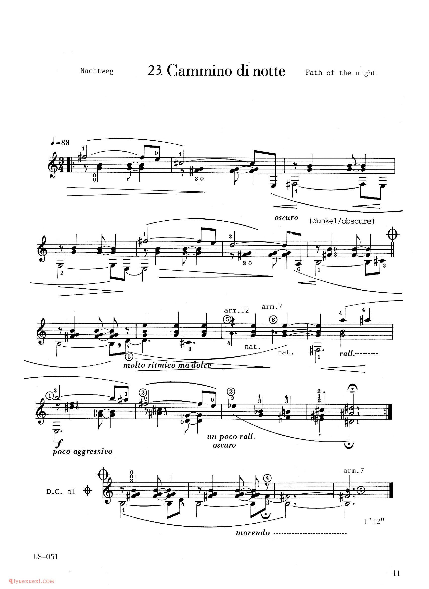 Cammino di notte_多明尼康尼(Carlo Domeniconi)古典吉他乐曲五线谱