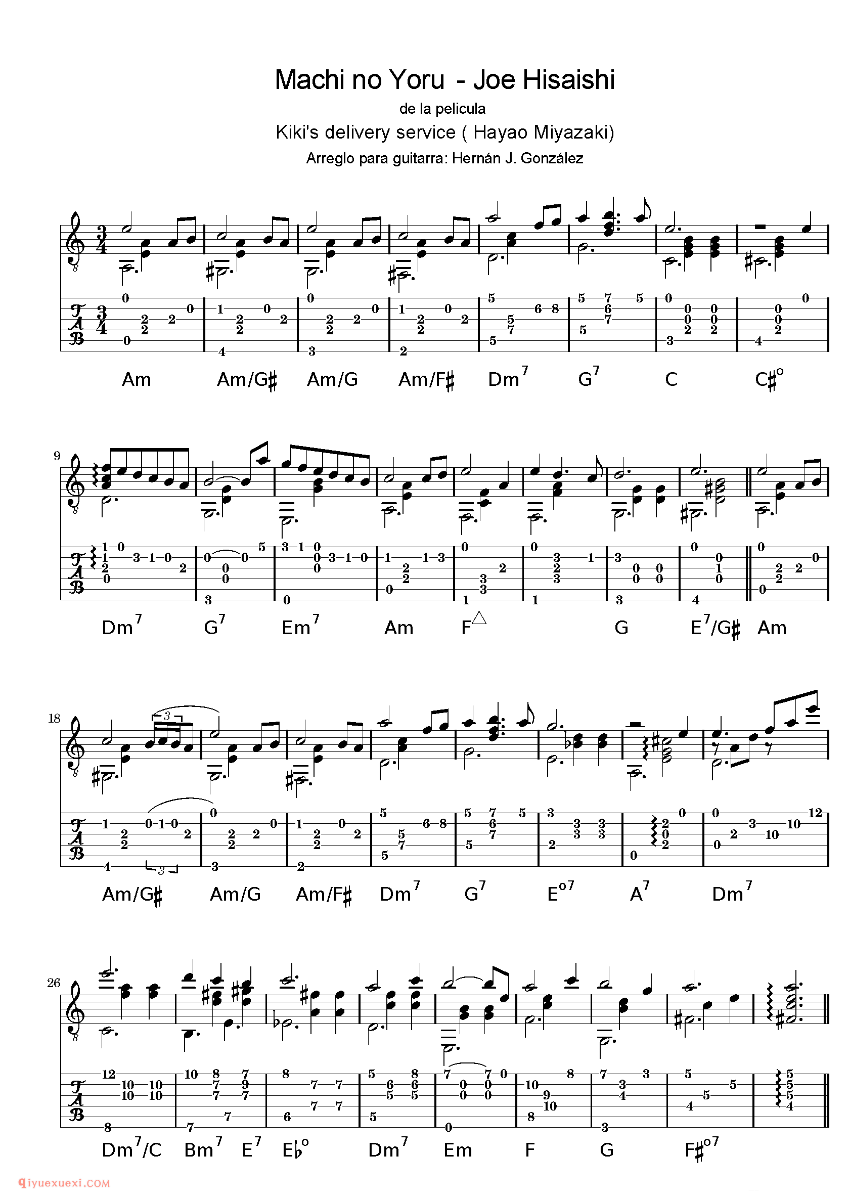 Machi no Yoru - Joe Hisaishi_古典吉他改编乐曲谱