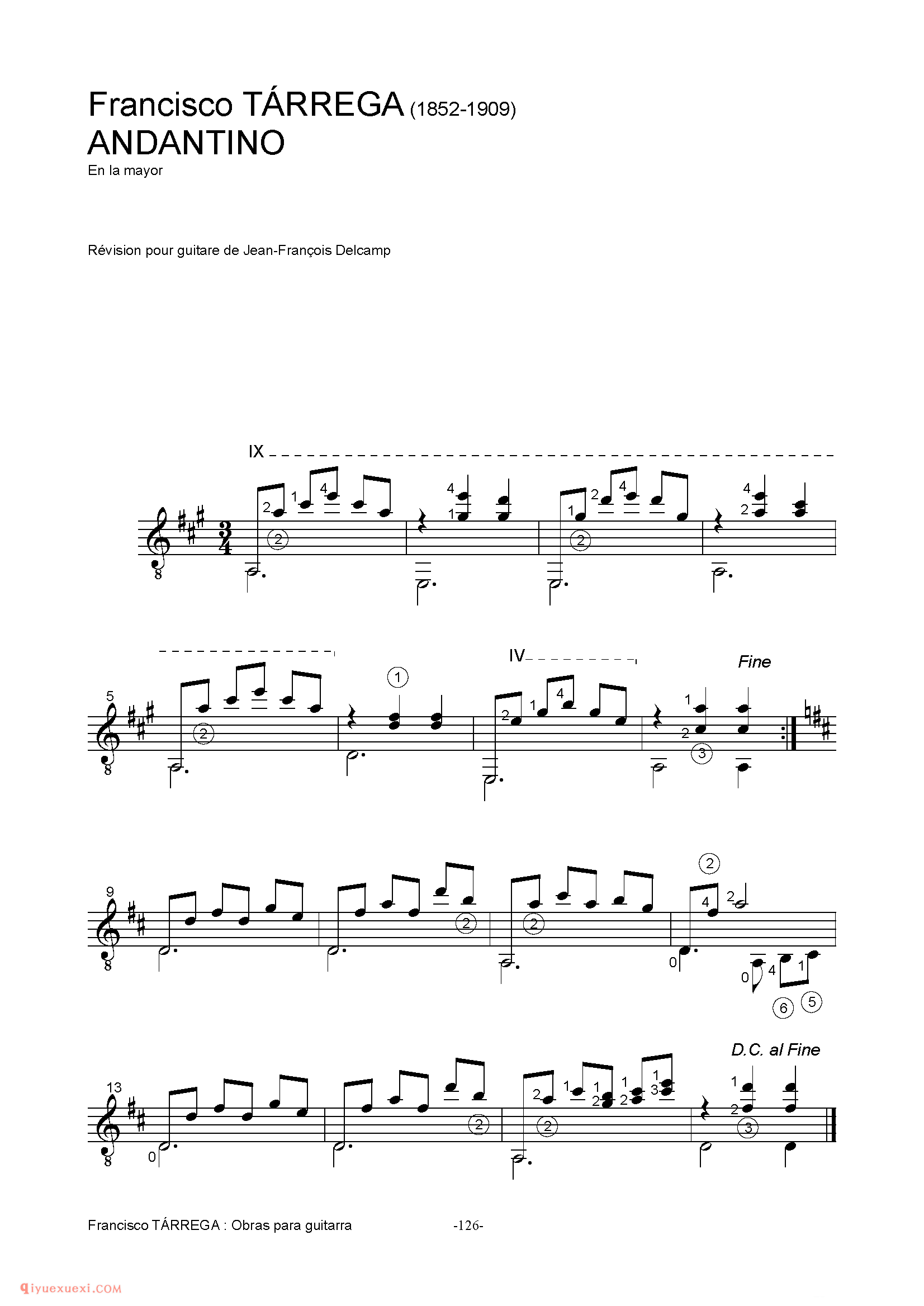 ANDANTINO_泰雷加古典吉他乐曲谱