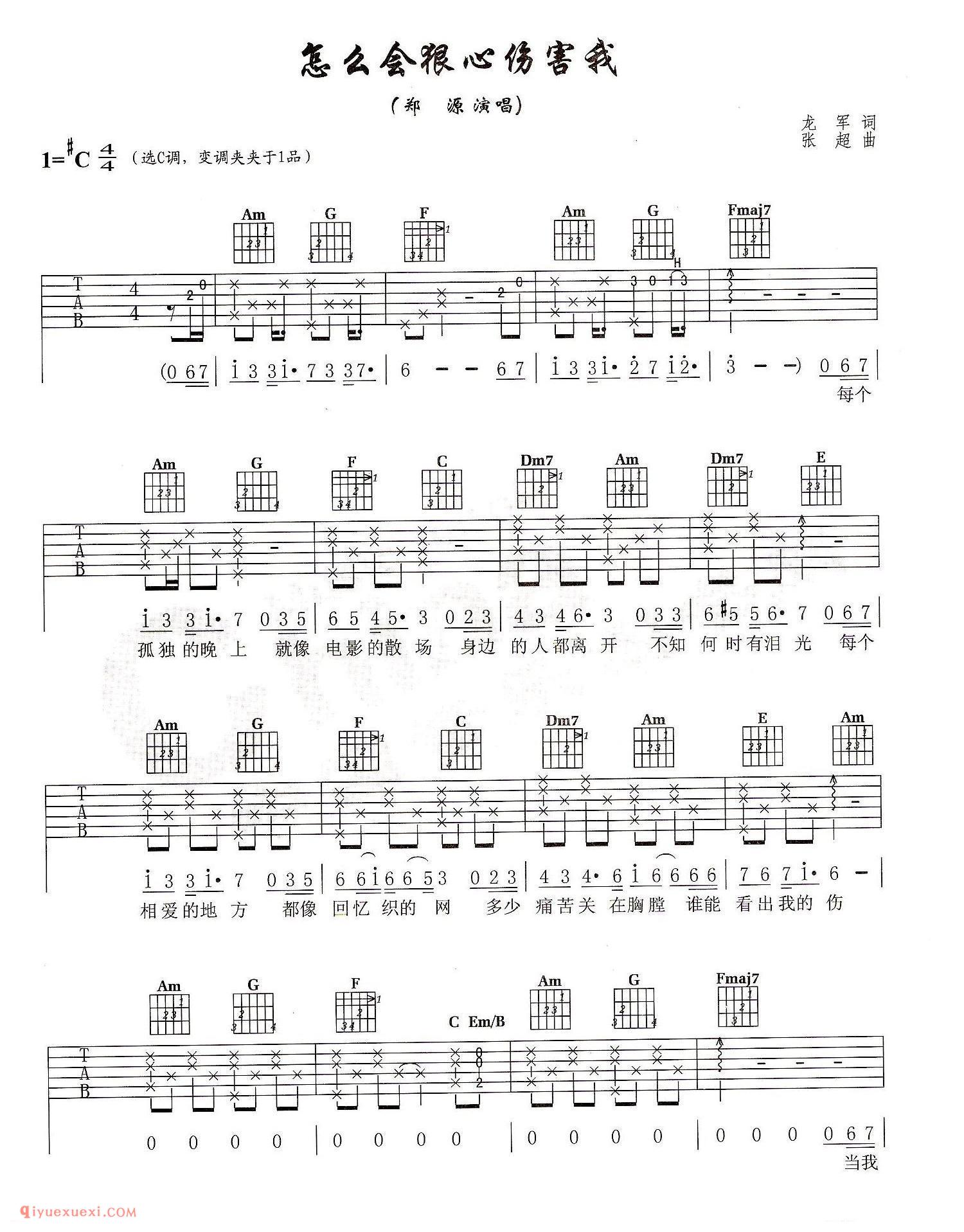 怎么会粮心伤害我(郑―源演唱)龙军词 张超曲_吉他弹唱谱