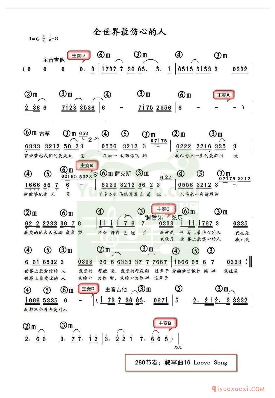 电子琴带和弦简谱 │ 全世界最伤心的人(农村乐队)