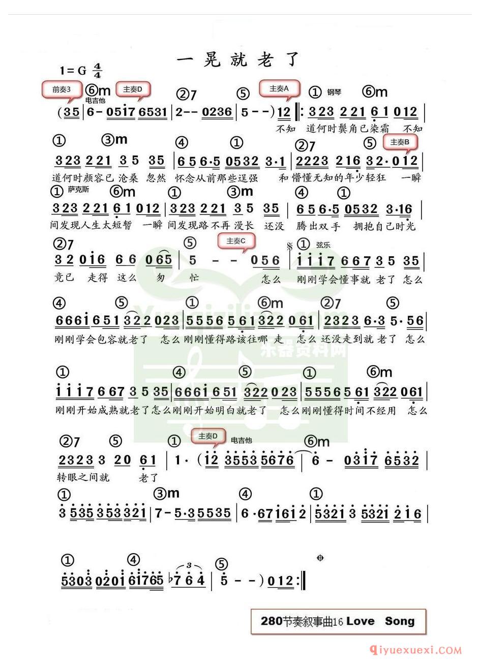 电子琴带和弦简谱 │ 一晃就老了(农村乐队)