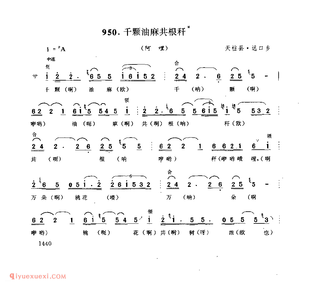 千棵油麻共根秆(阿哩) 天柱县·远口乡_婚俗歌_贵州民间歌曲简谱
