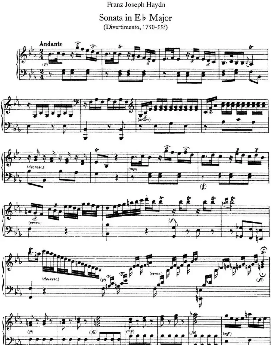 海顿 钢琴奏鸣曲 Hob XVI 16 Divertimento Eb major