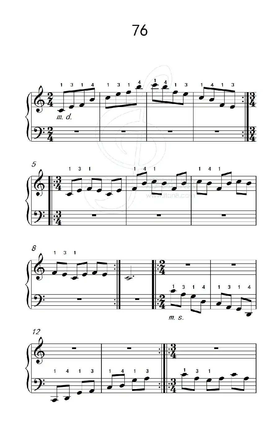 使大指灵活转动的单手练习 76(儿童钢琴手指练习 2)