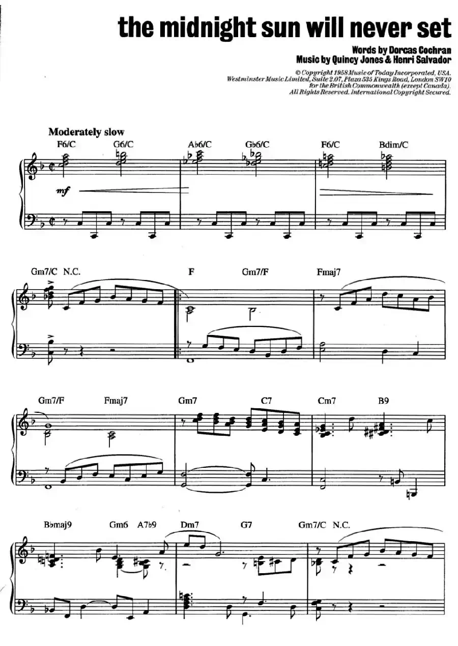 The Midnight Sun Will Never Set（爵士钢琴酒吧独奏钢琴谱）