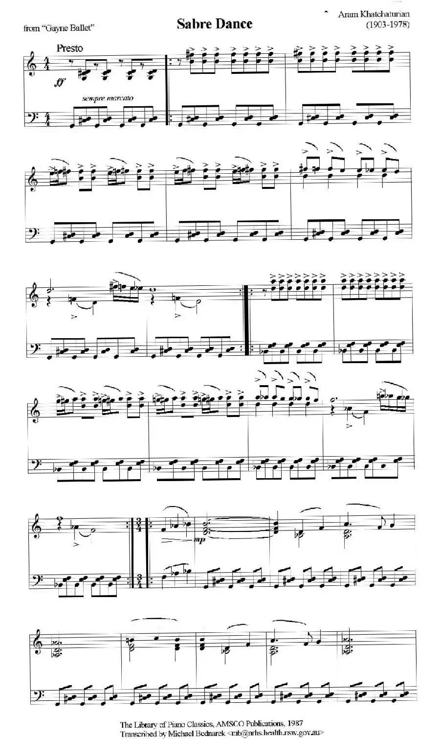 Sabre Dance（马刀舞曲）（钢琴独奏版）