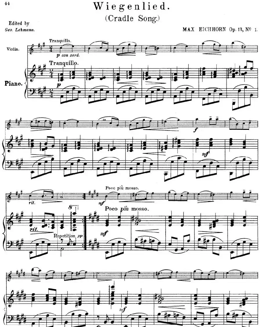 25首小提琴曲合集：Wiegenlied.（Cradle Song.）（MAX EICHHORN Op.13，No.1）（小提琴+钢琴伴奏）