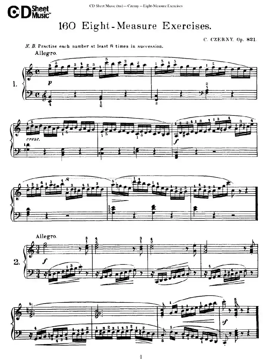 160 Eight- Measure Exercises.Op.821（车尔尼160首钢琴八小节练习曲（1——18））