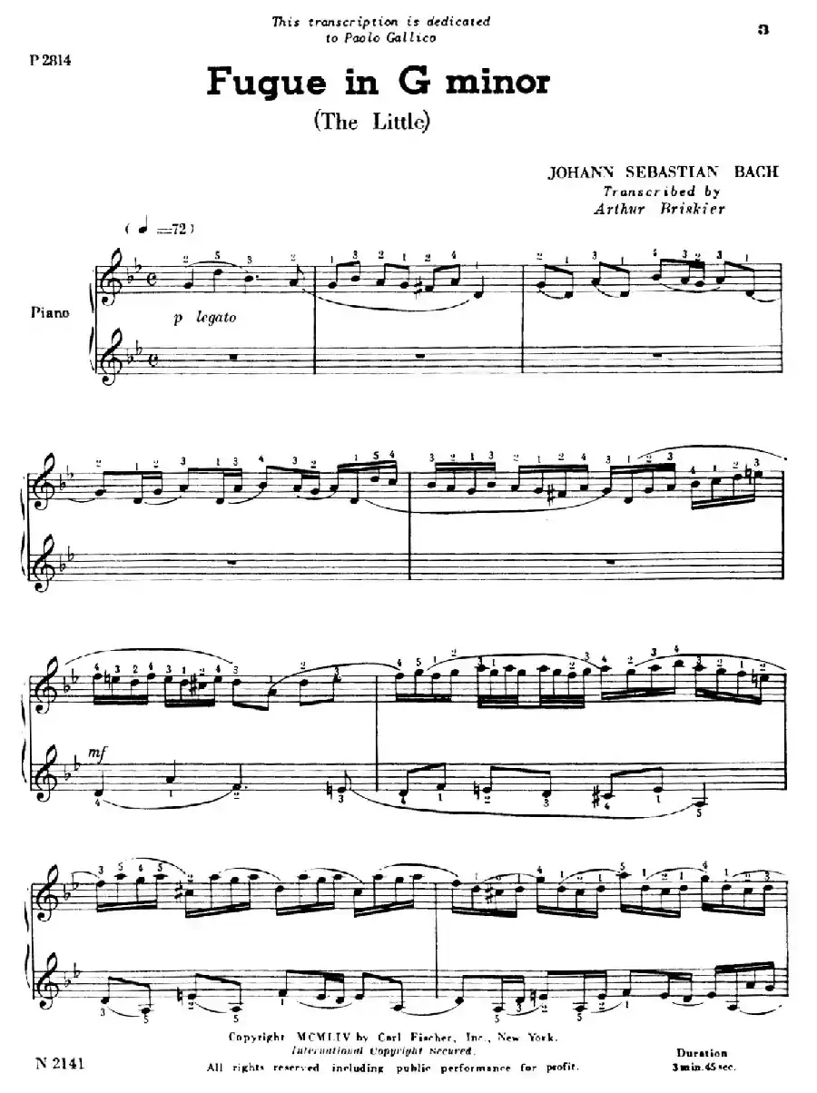 Fugue in g Minor BWV 578（g小调赋格·Briskier改编钢琴独奏版）