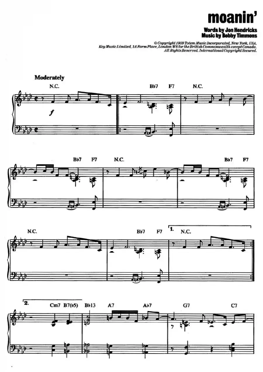 Moanin‘（爵士钢琴酒吧独奏钢琴谱）