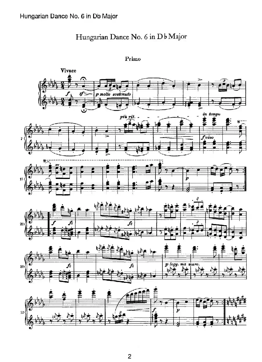 Hungarian Dance for four hands No 6 in Db Major