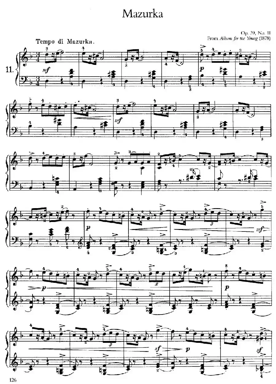 Album for the Young Op.39（儿童钢琴曲集）（11. 玛祖卡 Mazurka）