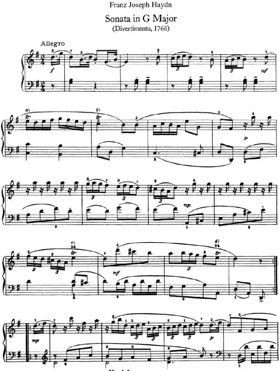 海顿 钢琴奏鸣曲 Hob XVI 8 Divertimento G major